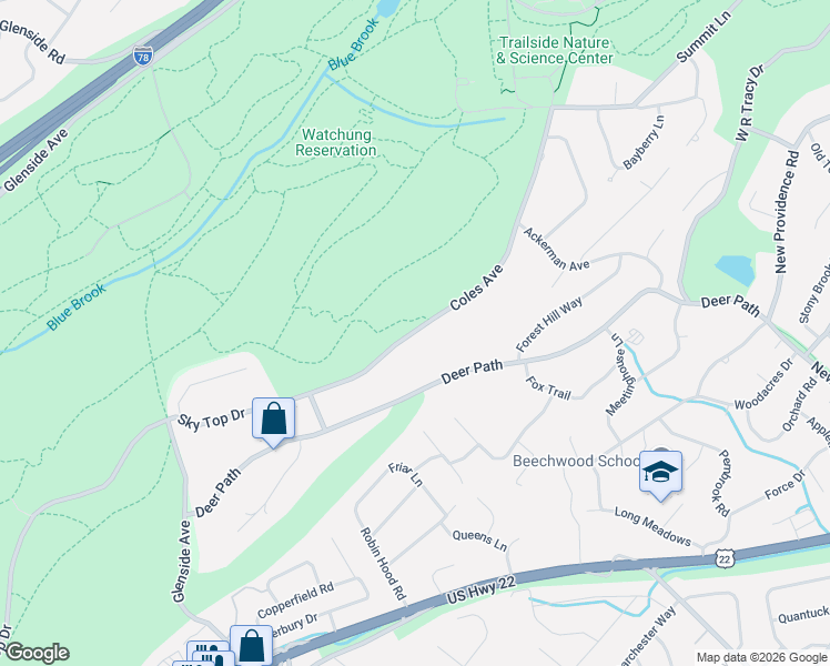 map of restaurants, bars, coffee shops, grocery stores, and more near 1531 Coles Avenue in Mountainside