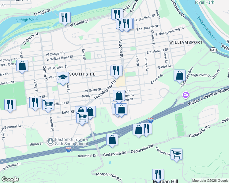 map of restaurants, bars, coffee shops, grocery stores, and more near 270 Rock Street in Easton
