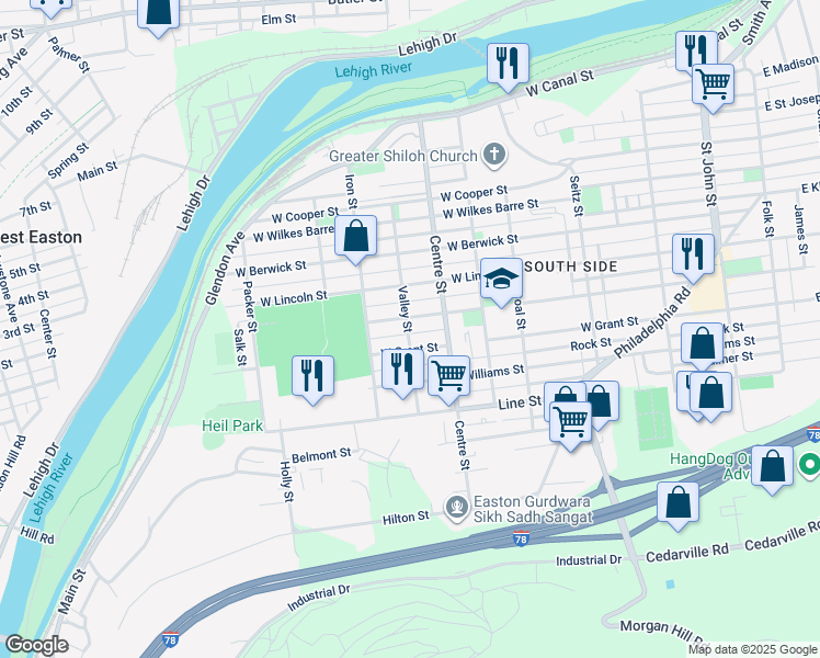 map of restaurants, bars, coffee shops, grocery stores, and more near 747 West Grant Street in Easton
