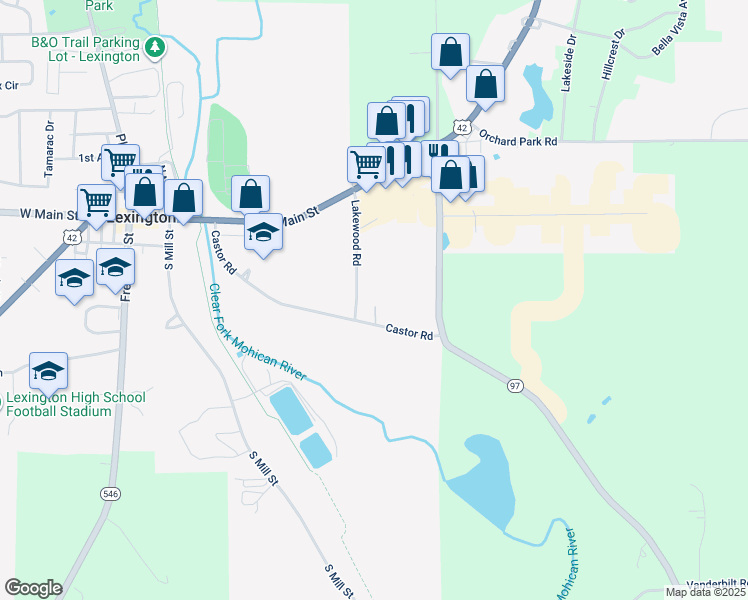 map of restaurants, bars, coffee shops, grocery stores, and more near 335 Castor Road in Mansfield