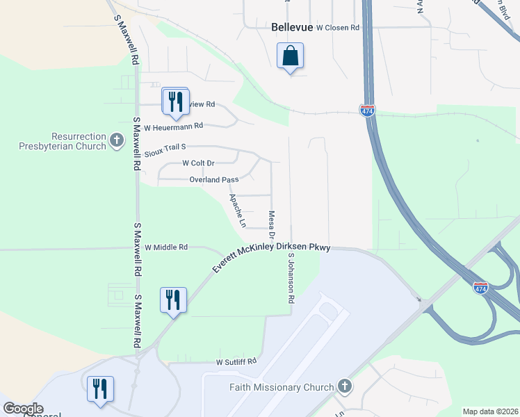 map of restaurants, bars, coffee shops, grocery stores, and more near 5616 West Chippewa Court in Peoria