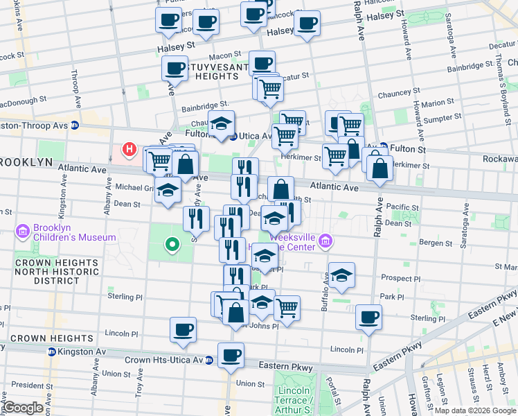 map of restaurants, bars, coffee shops, grocery stores, and more near 1776 Dean Street in Brooklyn