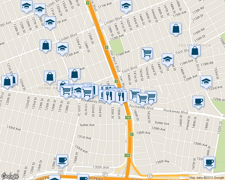 map of restaurants, bars, coffee shops, grocery stores, and more near 117-49 135th Street in Queens