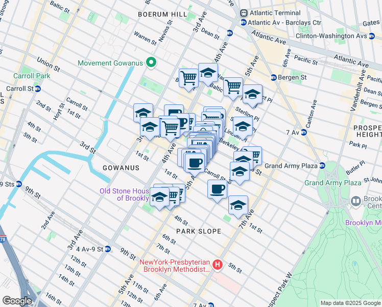 map of restaurants, bars, coffee shops, grocery stores, and more near 212 5th Avenue in Brooklyn