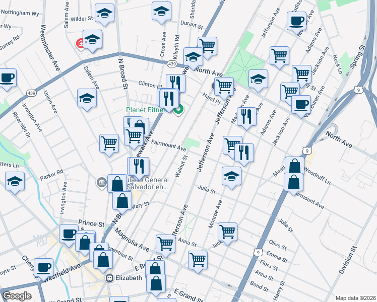 map of restaurants, bars, coffee shops, grocery stores, and more near Fairmount Ave & Walnut St in Elizabeth