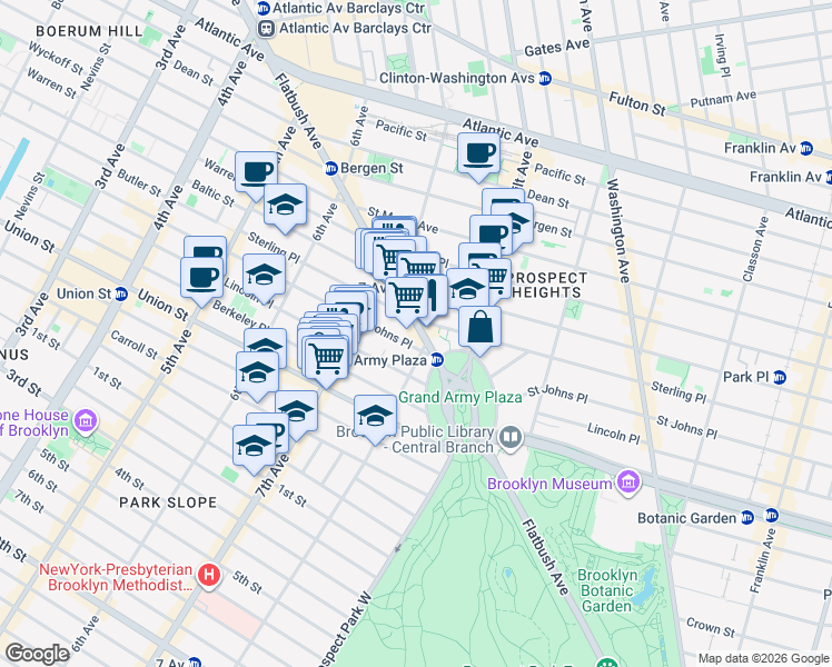 map of restaurants, bars, coffee shops, grocery stores, and more near 232 Saint Johns Place in Brooklyn