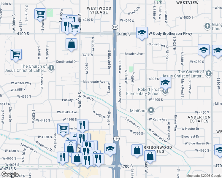 map of restaurants, bars, coffee shops, grocery stores, and more near 4365 South Hawkeye Street in West Valley City