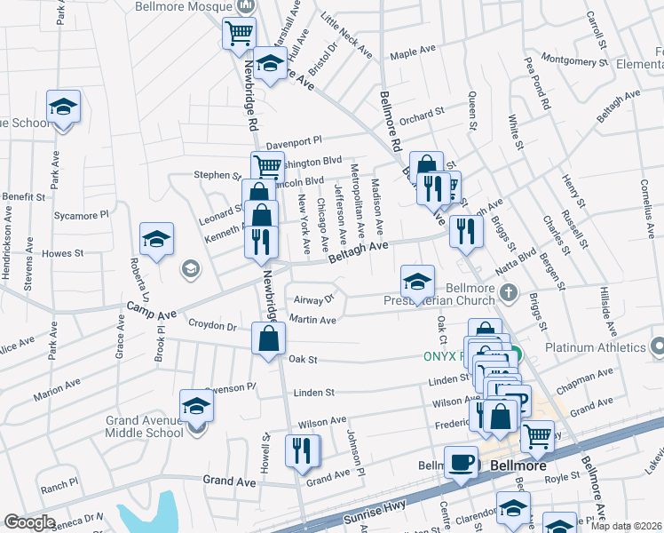 map of restaurants, bars, coffee shops, grocery stores, and more near 2503 Natta Boulevard in Bellmore