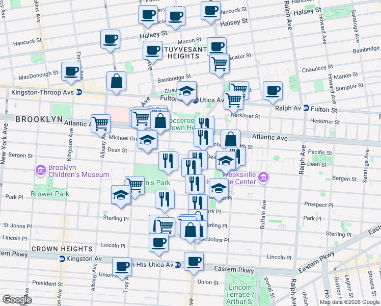 map of restaurants, bars, coffee shops, grocery stores, and more near 1694 Dean Street in Brooklyn
