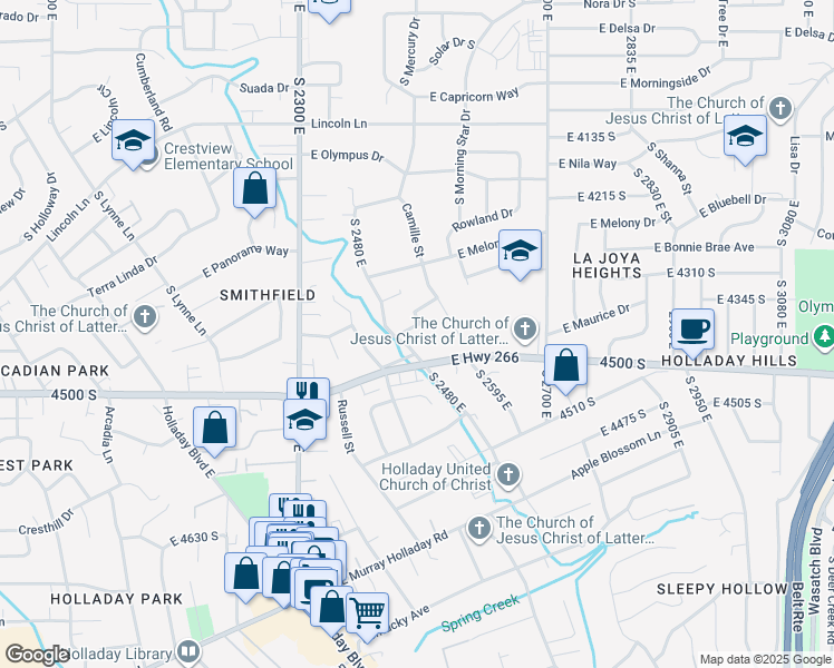 map of restaurants, bars, coffee shops, grocery stores, and more near 4386 South 2490 East in Holladay