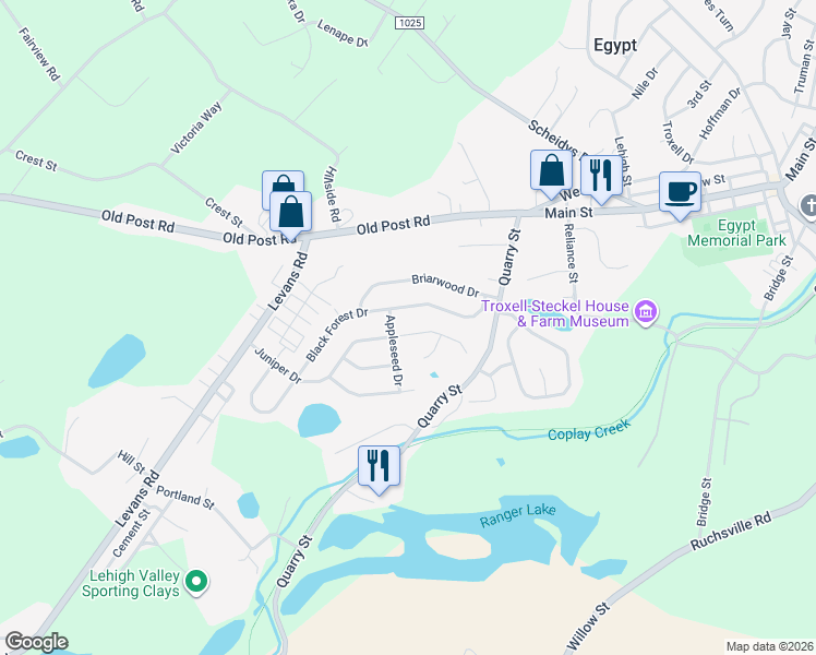 map of restaurants, bars, coffee shops, grocery stores, and more near 2213 Juniper Drive in Coplay