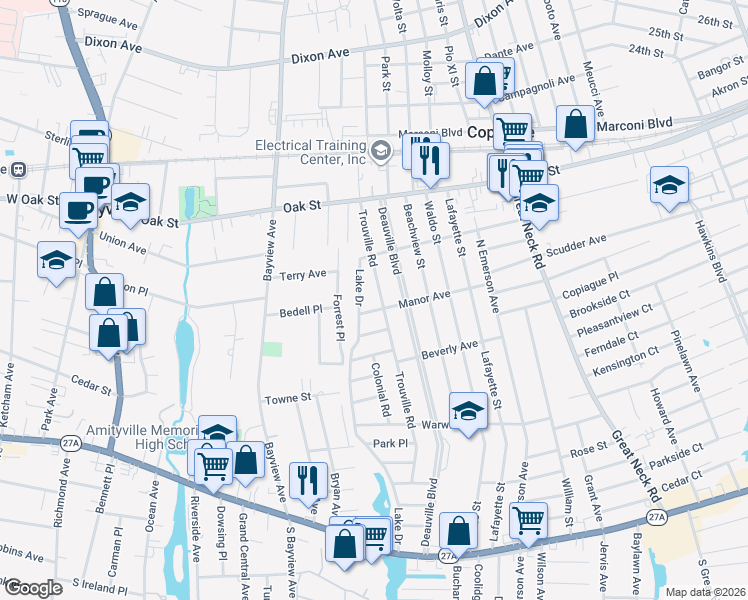 map of restaurants, bars, coffee shops, grocery stores, and more near 12 Manor Avenue in Copiague