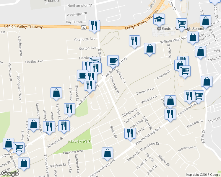 map of restaurants, bars, coffee shops, grocery stores, and more near 524 South Greenwood Avenue in Easton