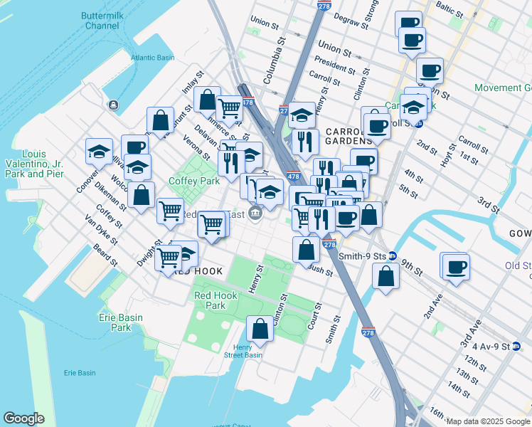 map of restaurants, bars, coffee shops, grocery stores, and more near 732 Henry Street in Brooklyn