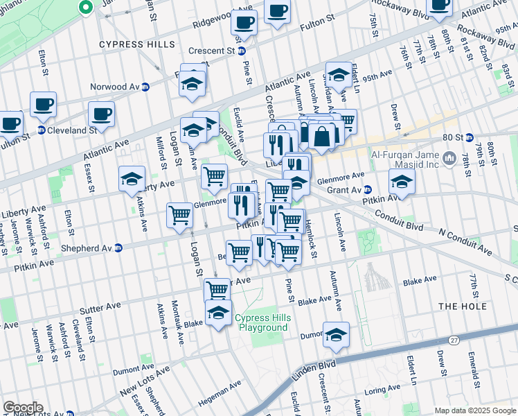 map of restaurants, bars, coffee shops, grocery stores, and more near Euclid Avenue in Brooklyn