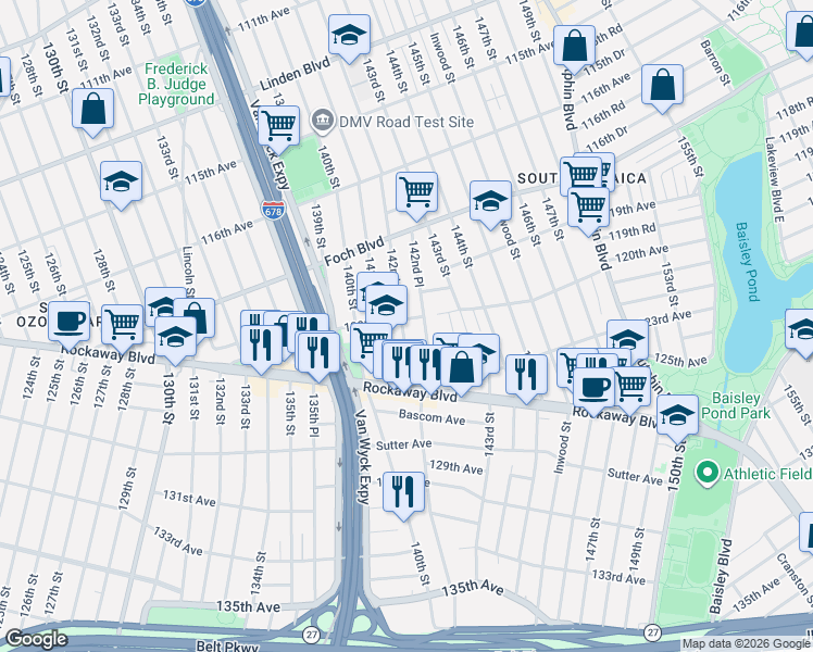 map of restaurants, bars, coffee shops, grocery stores, and more near 120-26 142nd Place in Queens