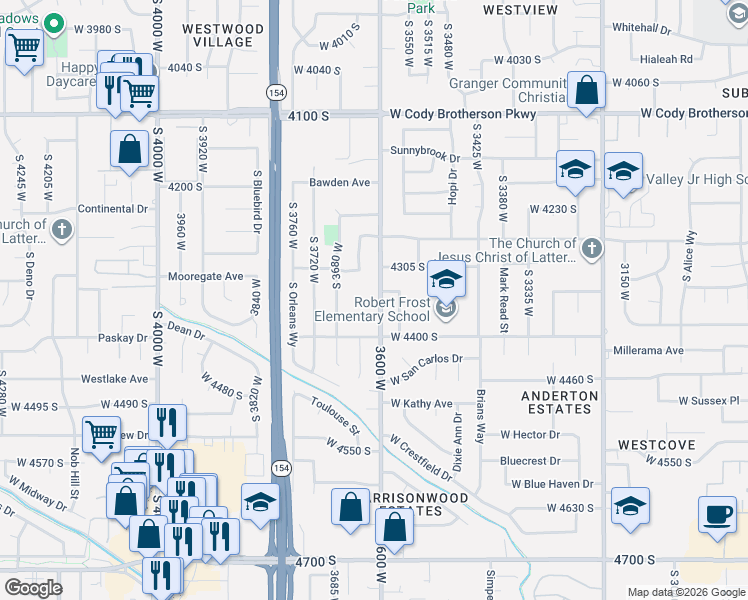 map of restaurants, bars, coffee shops, grocery stores, and more near 3650 West 4400 South in Salt Lake City