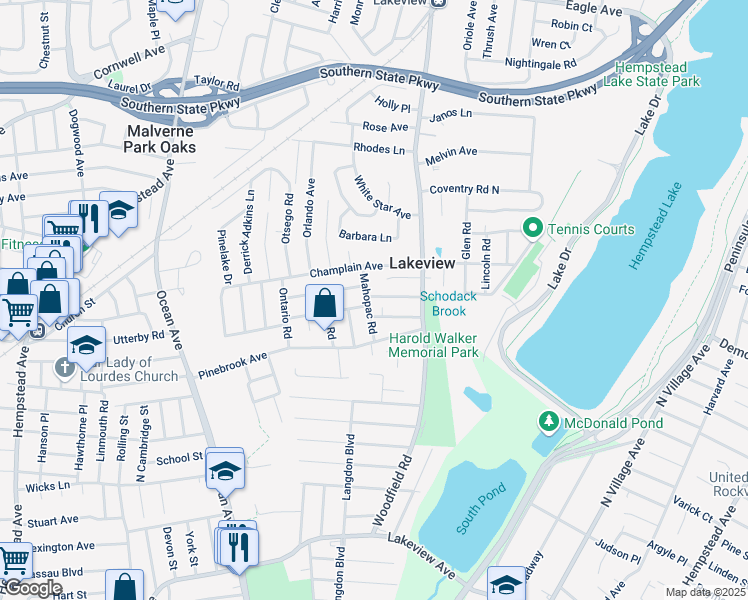 map of restaurants, bars, coffee shops, grocery stores, and more near 11 Scaneateles Avenue in West Hempstead