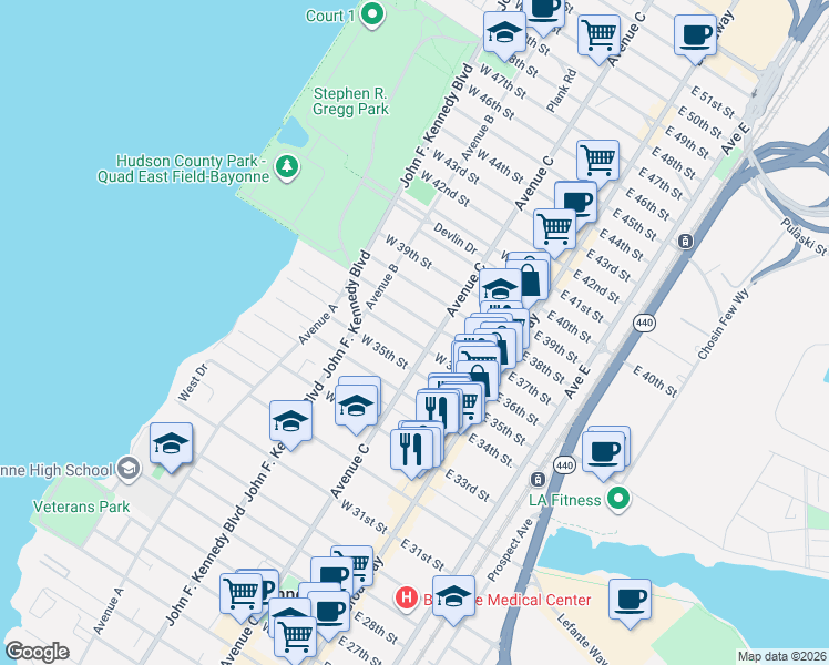 map of restaurants, bars, coffee shops, grocery stores, and more near 815 Avenue C in Bayonne