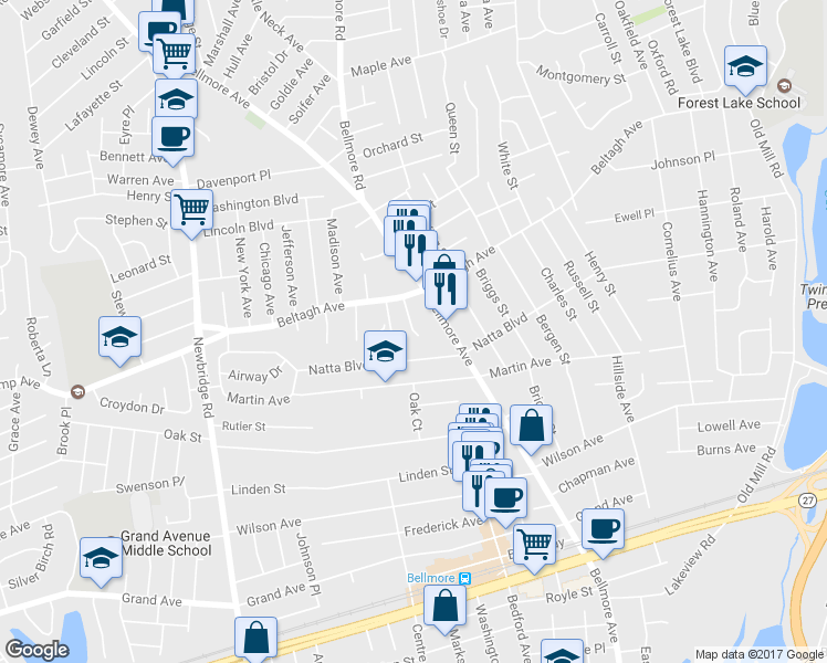 map of restaurants, bars, coffee shops, grocery stores, and more near 1945 Allison Drive in Bellmore