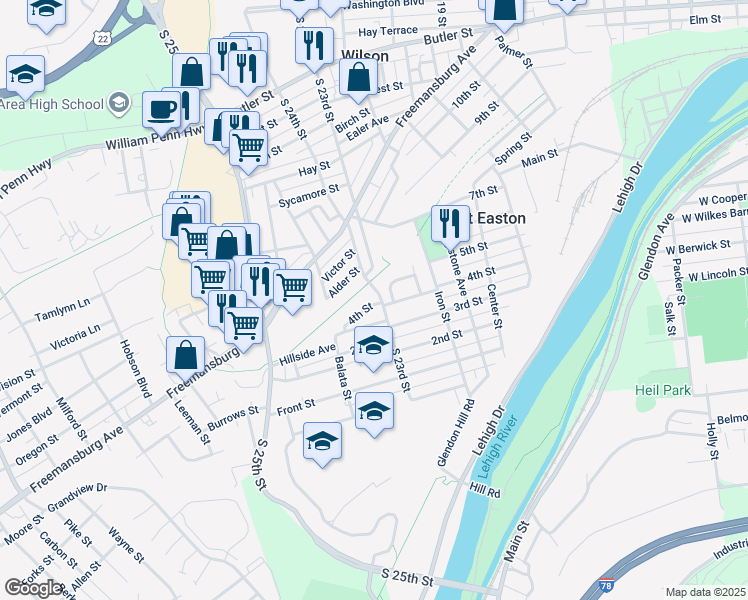 map of restaurants, bars, coffee shops, grocery stores, and more near 2303 4th Street in Easton