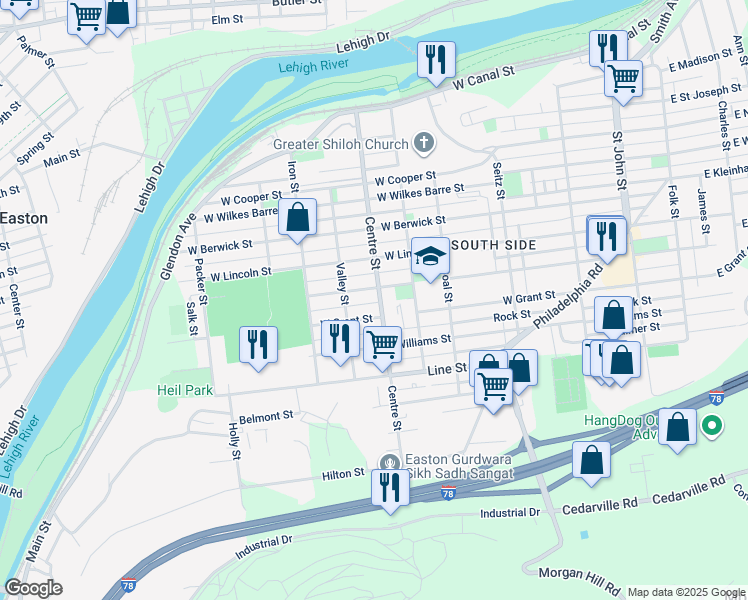 map of restaurants, bars, coffee shops, grocery stores, and more near 804 Centre Street in Easton