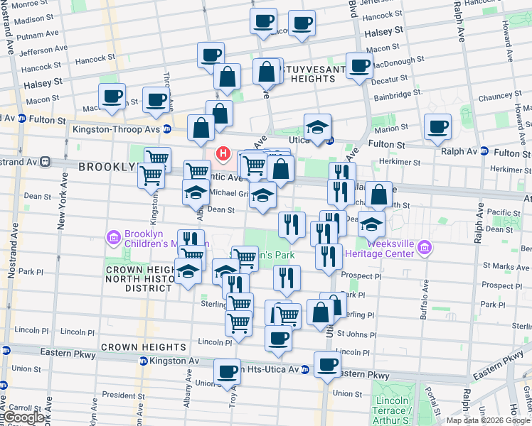 map of restaurants, bars, coffee shops, grocery stores, and more near Dean Street in Brooklyn