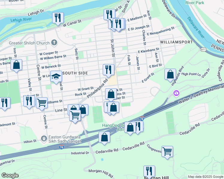 map of restaurants, bars, coffee shops, grocery stores, and more near 209 Palmer Street in Easton