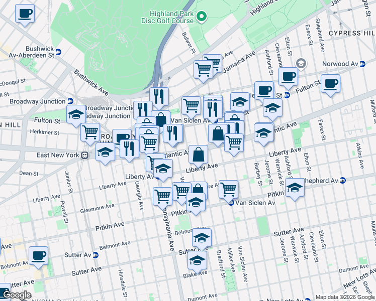 map of restaurants, bars, coffee shops, grocery stores, and more near Atlantic Avenue & Wyona Street in Brooklyn