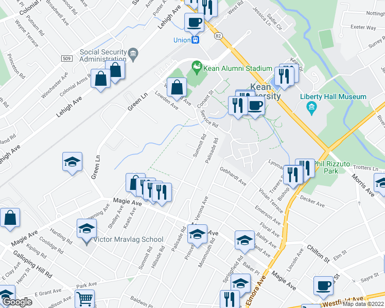 map of restaurants, bars, coffee shops, grocery stores, and more near 662 Summit Road in Union