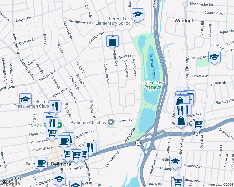 map of restaurants, bars, coffee shops, grocery stores, and more near 1822 Hannington Avenue in Wantagh