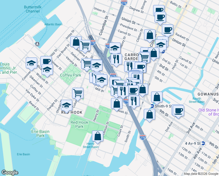 map of restaurants, bars, coffee shops, grocery stores, and more near 110 West 9th Street in Brooklyn