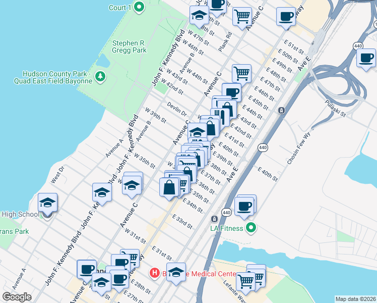 map of restaurants, bars, coffee shops, grocery stores, and more near 821 Broadway in Bayonne