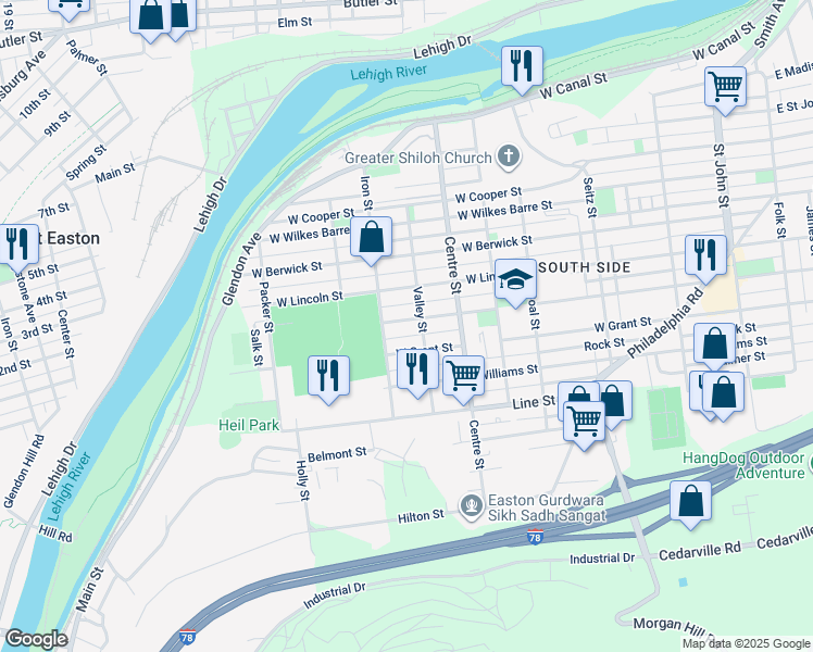 map of restaurants, bars, coffee shops, grocery stores, and more near 822 West Milton Street in Easton