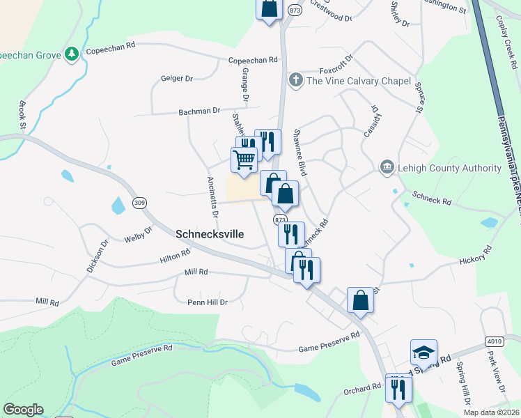 map of restaurants, bars, coffee shops, grocery stores, and more near 4944 Clauss Road in Schnecksville
