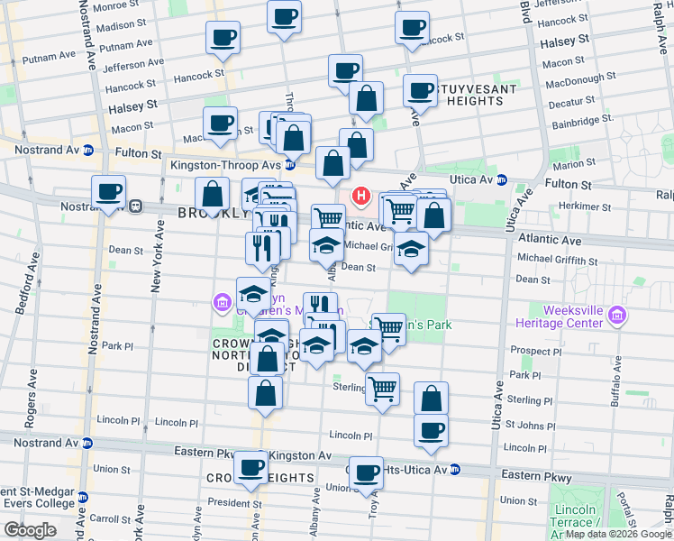 map of restaurants, bars, coffee shops, grocery stores, and more near 135 Albany Avenue in Brooklyn