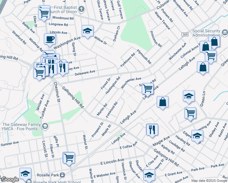 map of restaurants, bars, coffee shops, grocery stores, and more near 393 Martin Road in Union