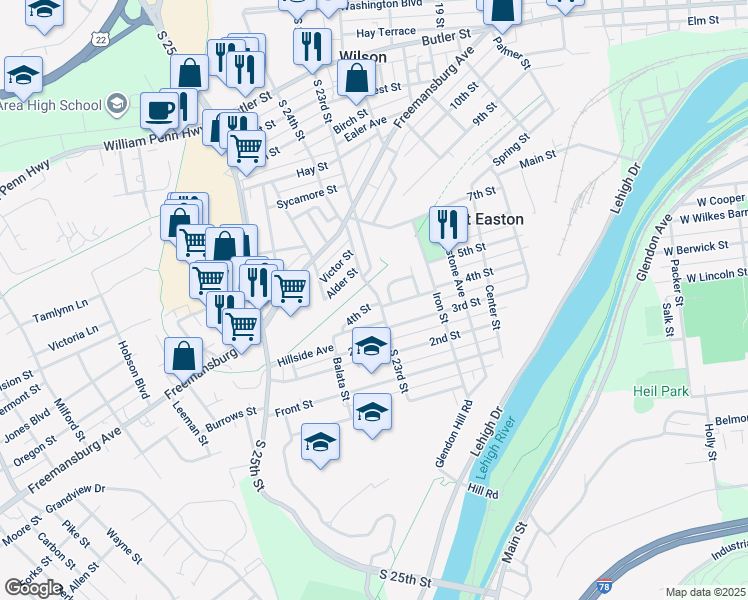 map of restaurants, bars, coffee shops, grocery stores, and more near 2303 4th Street in Easton