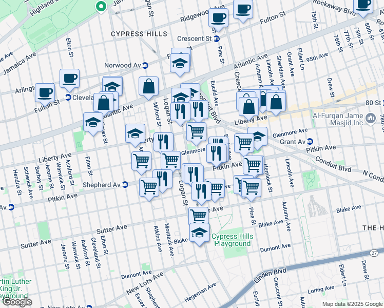 map of restaurants, bars, coffee shops, grocery stores, and more near 942 Glenmore Avenue in Brooklyn