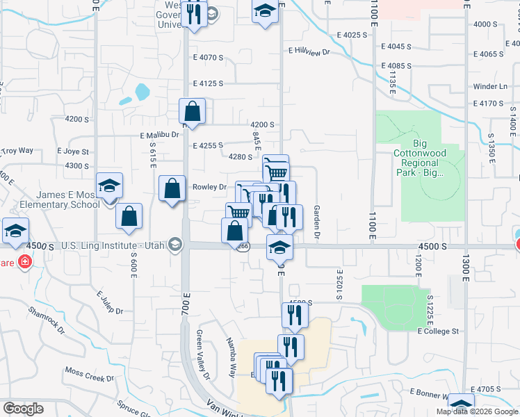map of restaurants, bars, coffee shops, grocery stores, and more near 4380 South 900 East in Salt Lake City