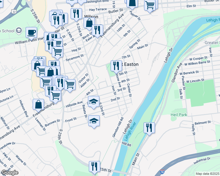 map of restaurants, bars, coffee shops, grocery stores, and more near 2200 3rd Street in Easton
