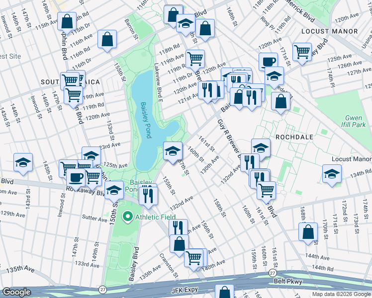 map of restaurants, bars, coffee shops, grocery stores, and more near 157-20 128th Avenue in Queens