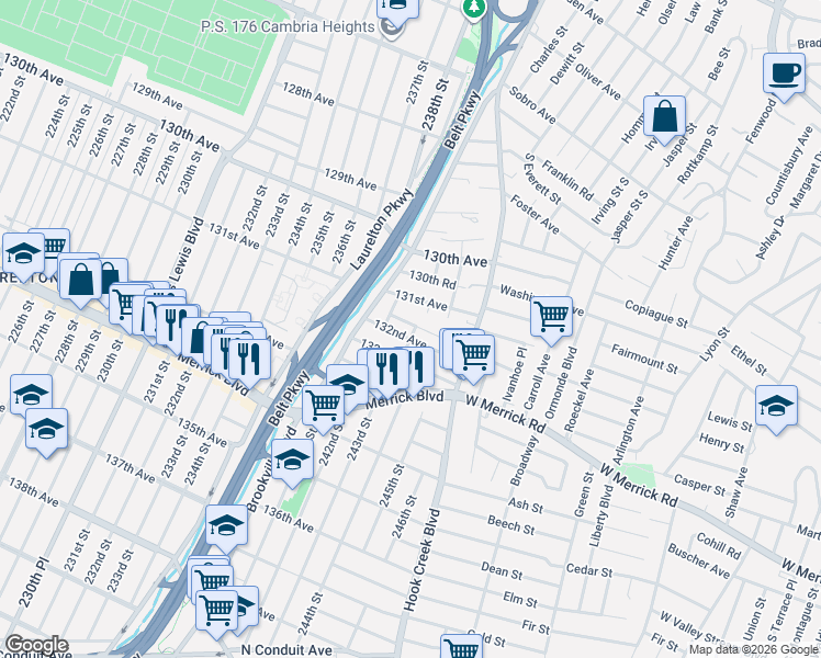 map of restaurants, bars, coffee shops, grocery stores, and more near 241-51 132nd Road in Queens