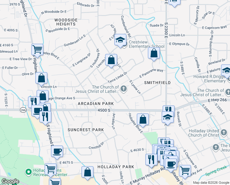 map of restaurants, bars, coffee shops, grocery stores, and more near 4418 South Albright Drive in Holladay