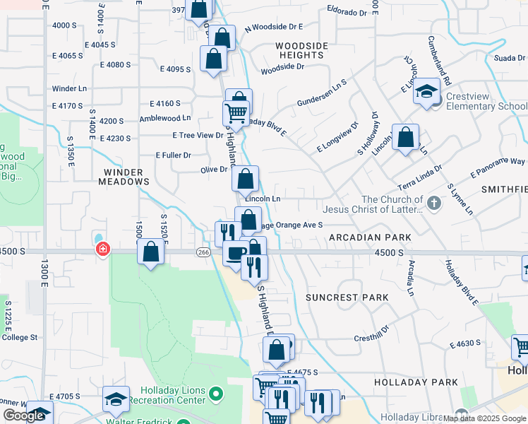 map of restaurants, bars, coffee shops, grocery stores, and more near 1765 Osage Orange Avenue South in Holladay
