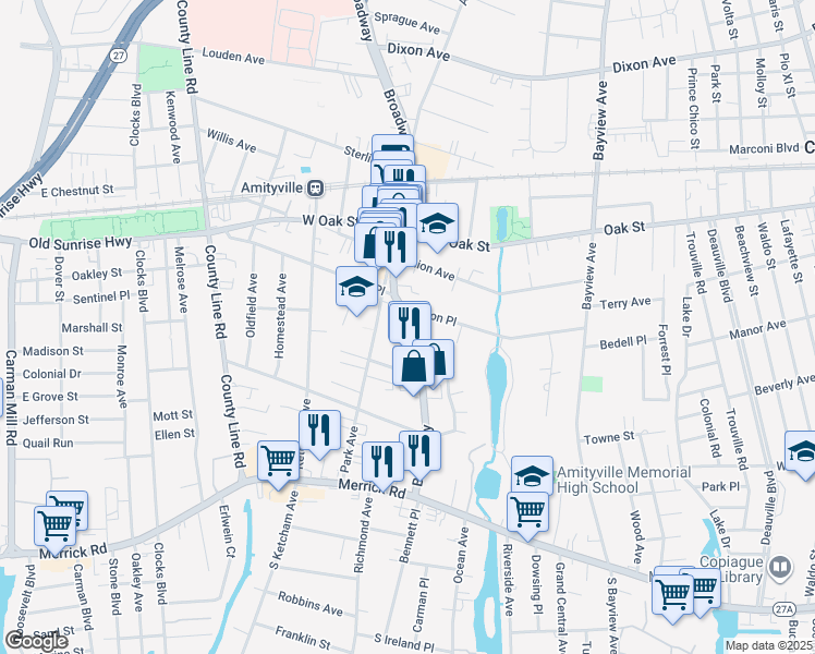 map of restaurants, bars, coffee shops, grocery stores, and more near 121 Park Avenue in Amityville