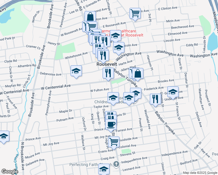 map of restaurants, bars, coffee shops, grocery stores, and more near 27 West Fulton Avenue in Roosevelt