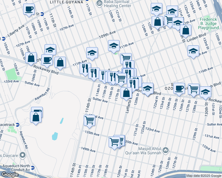map of restaurants, bars, coffee shops, grocery stores, and more near 115-40 116th Street in Queens