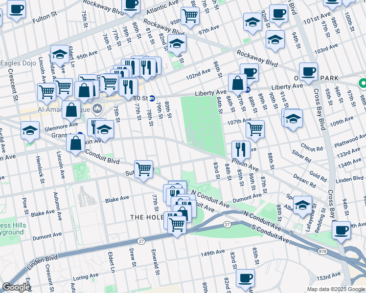map of restaurants, bars, coffee shops, grocery stores, and more near 107-34 80th Street in Queens