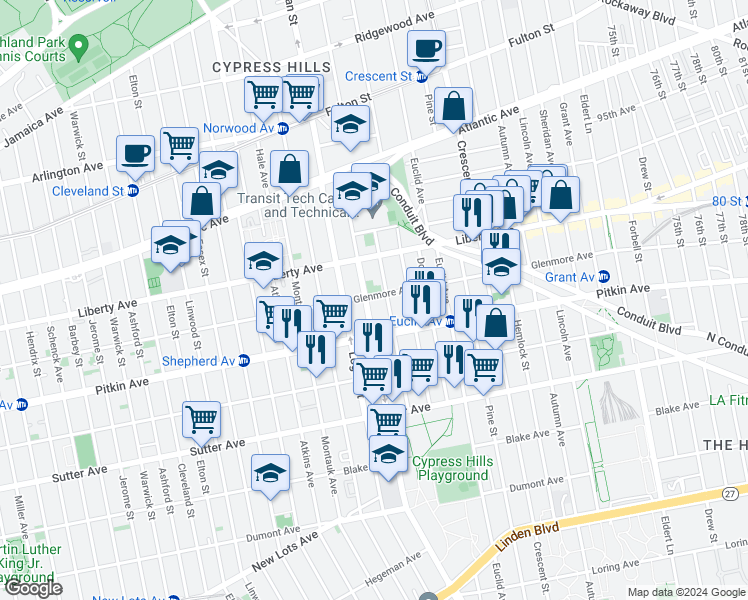map of restaurants, bars, coffee shops, grocery stores, and more near 191 Fountain Avenue in Brooklyn